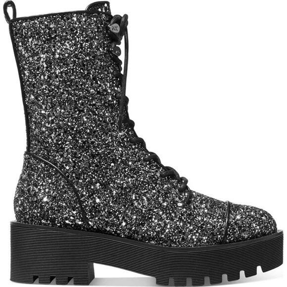 Michael Kors Bryce Lug Sole Platform Combat Boot Black/Silver Glitter - Picture 2 of 4